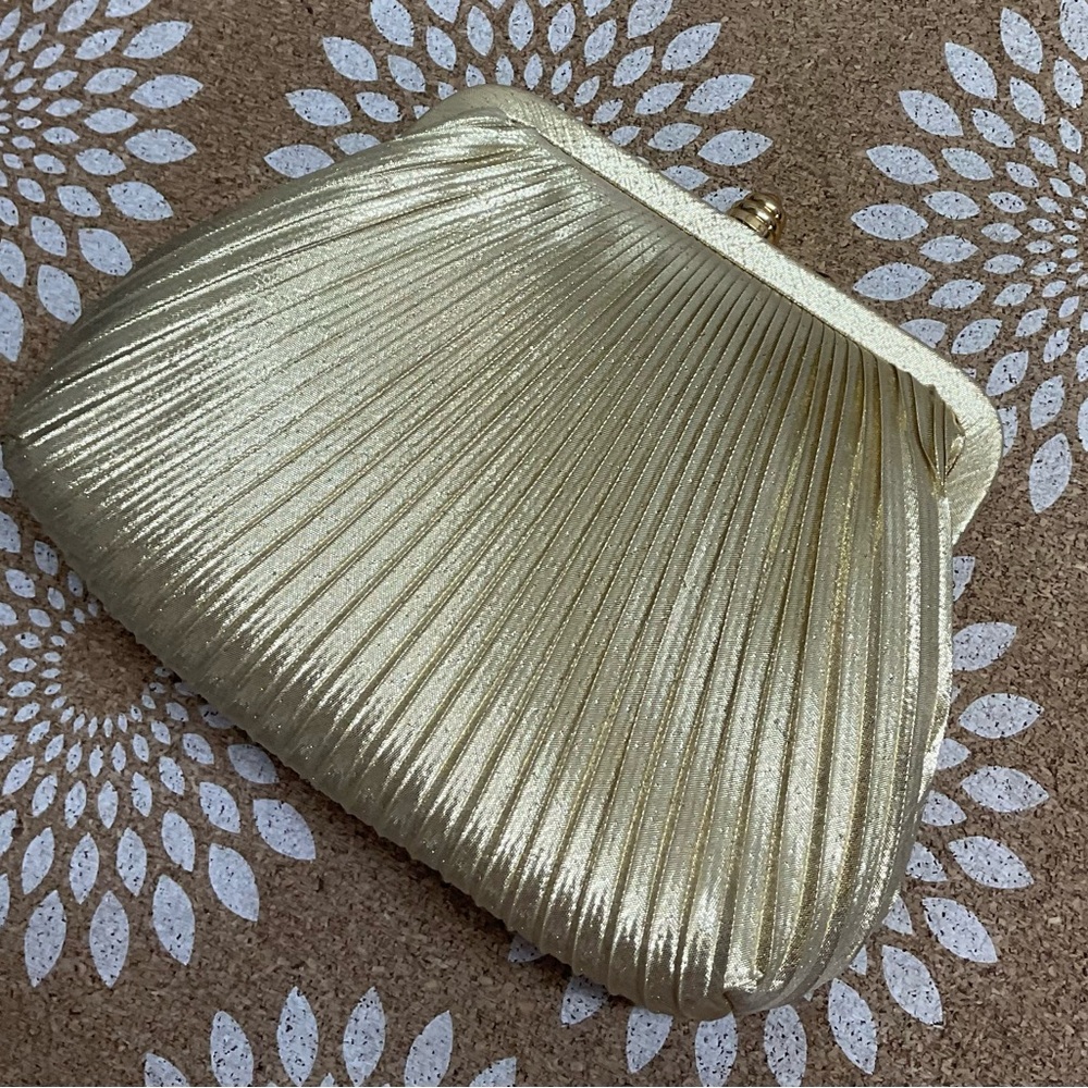 Sasha Gold Satin Pleated Evening Bag with strap to carry shoulder